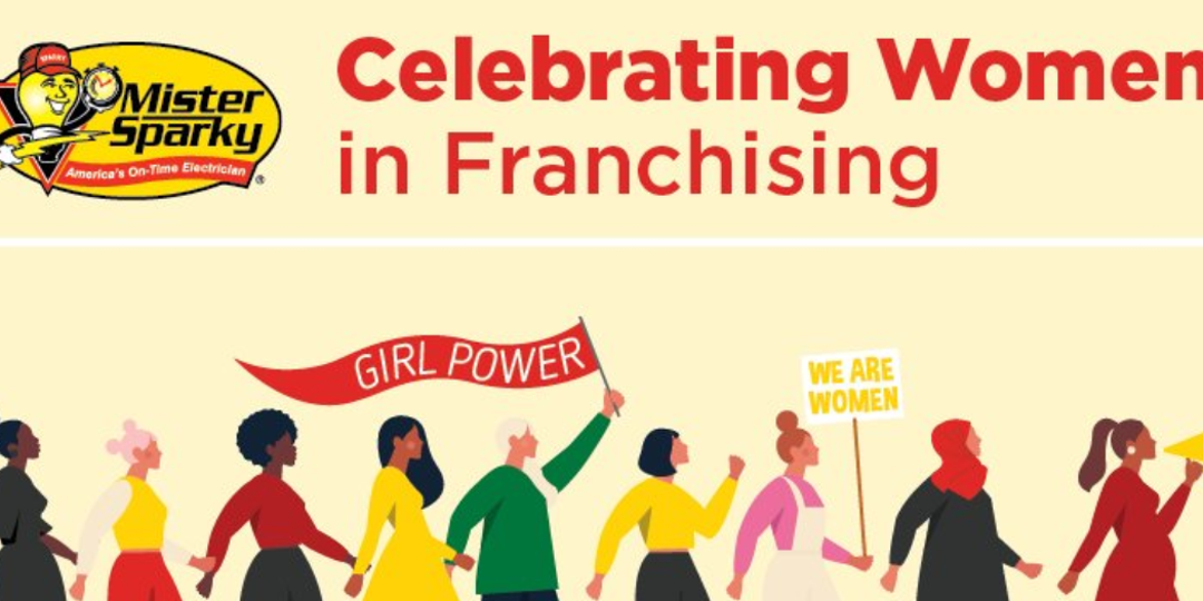 yellow box with women walking vertical and a banner saying celebrating women in franchising