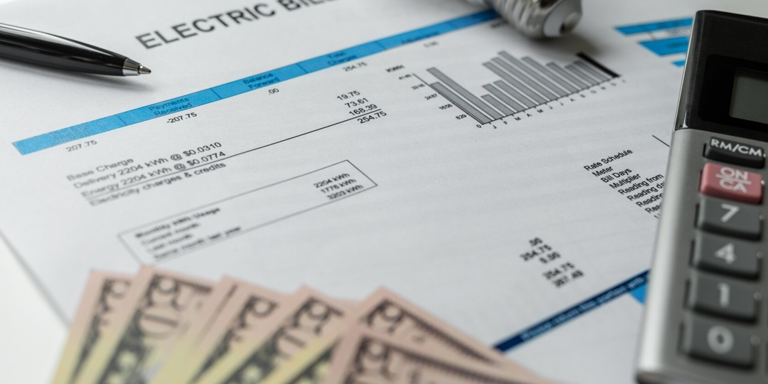 Image of an electric bill with money and a calculator