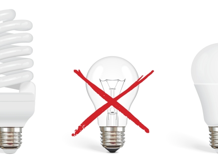 Three different lights with a red x across the incandescent light bulb.