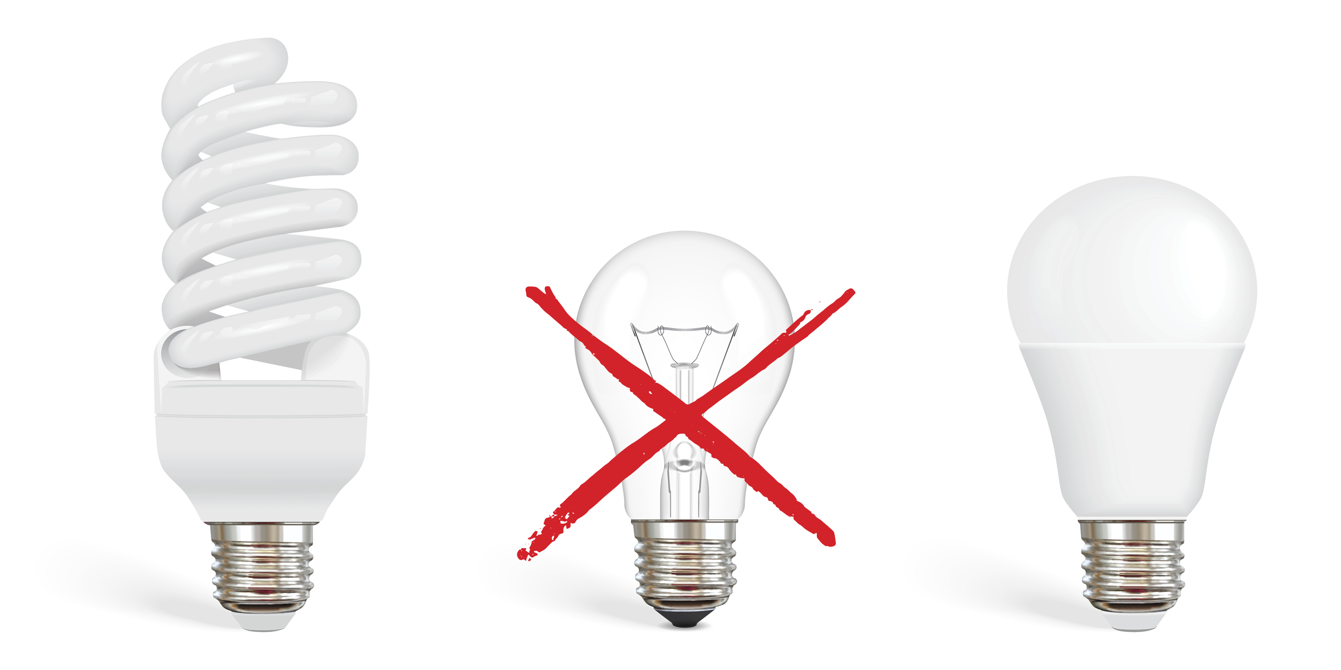 Three different lights with a red x across the incandescent light bulb.